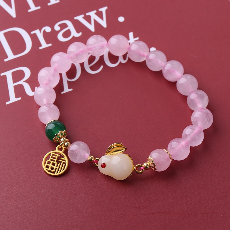 Hot Pink Crystal Jade Rabbit Girlfriends Bracelet Jewelry Ethnic Style Retro Natural Beaded Crystal Bracelet