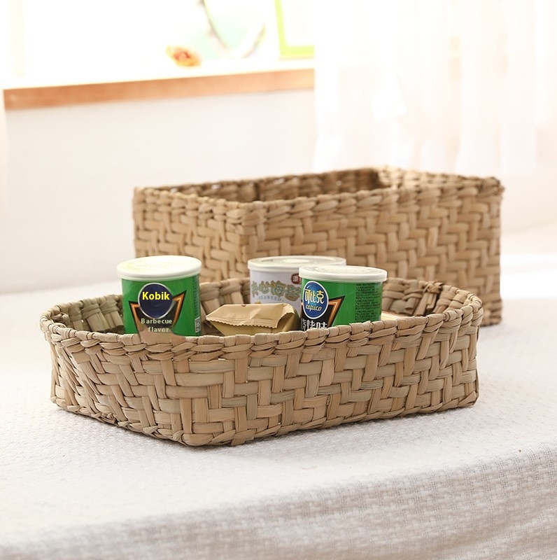 Seedling Storage Basket Handmade Straw Woven Multi-purpose Storage Basket Needlework Basket Cattail Gift Basket Desktop Storage Box
