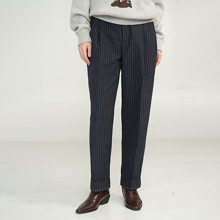 Kou~Retro High Waist Wool Trousers With Heavy Details,Highly Recommended By The Owner!Casual Striped Suit Trousers