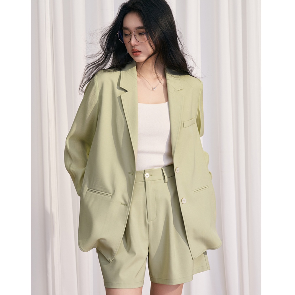 [Shengdu]24 Spring Korean Simple Casual Style Green Fresh Splicing Suit Top Jacket Suit Women