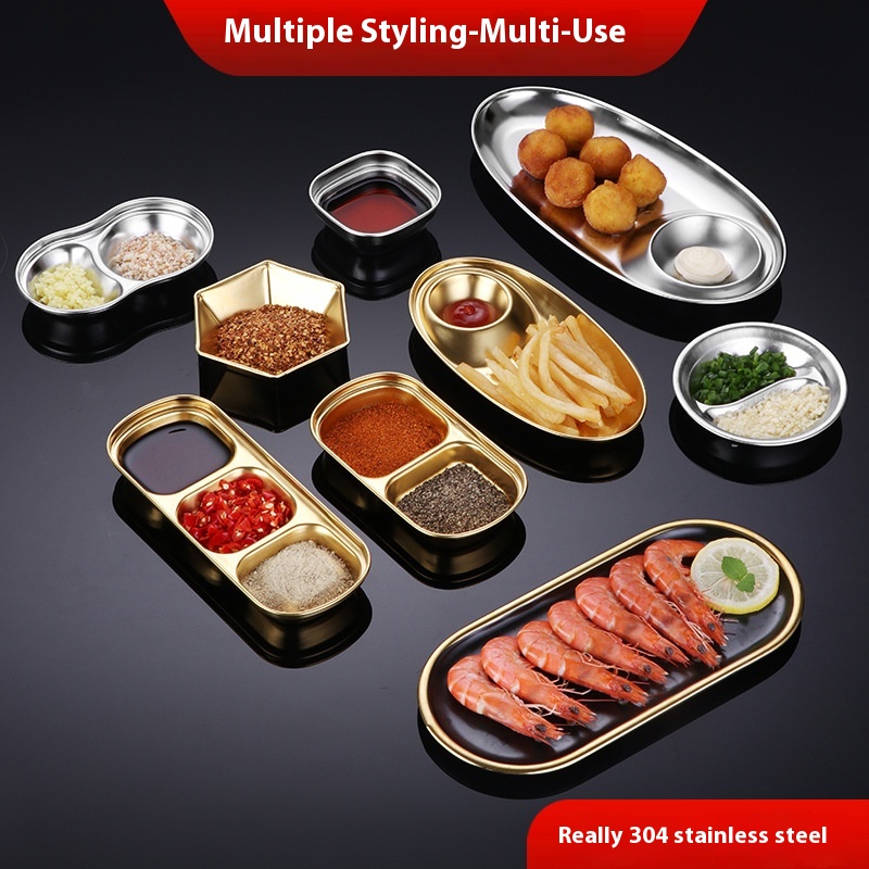304 Stainless Steel Barbecue Seasoning Dish Japanese And Korean Hot Pot Barbecue Dish Dipping Dish Korean Small Plate Two Grid Three Grid