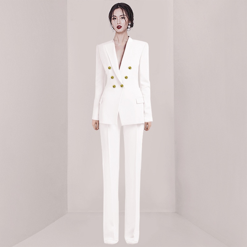 White Temperament Royal Sister Style Professional Suit Suit Female Spring High Waist Straight Pants Two-piece Suit