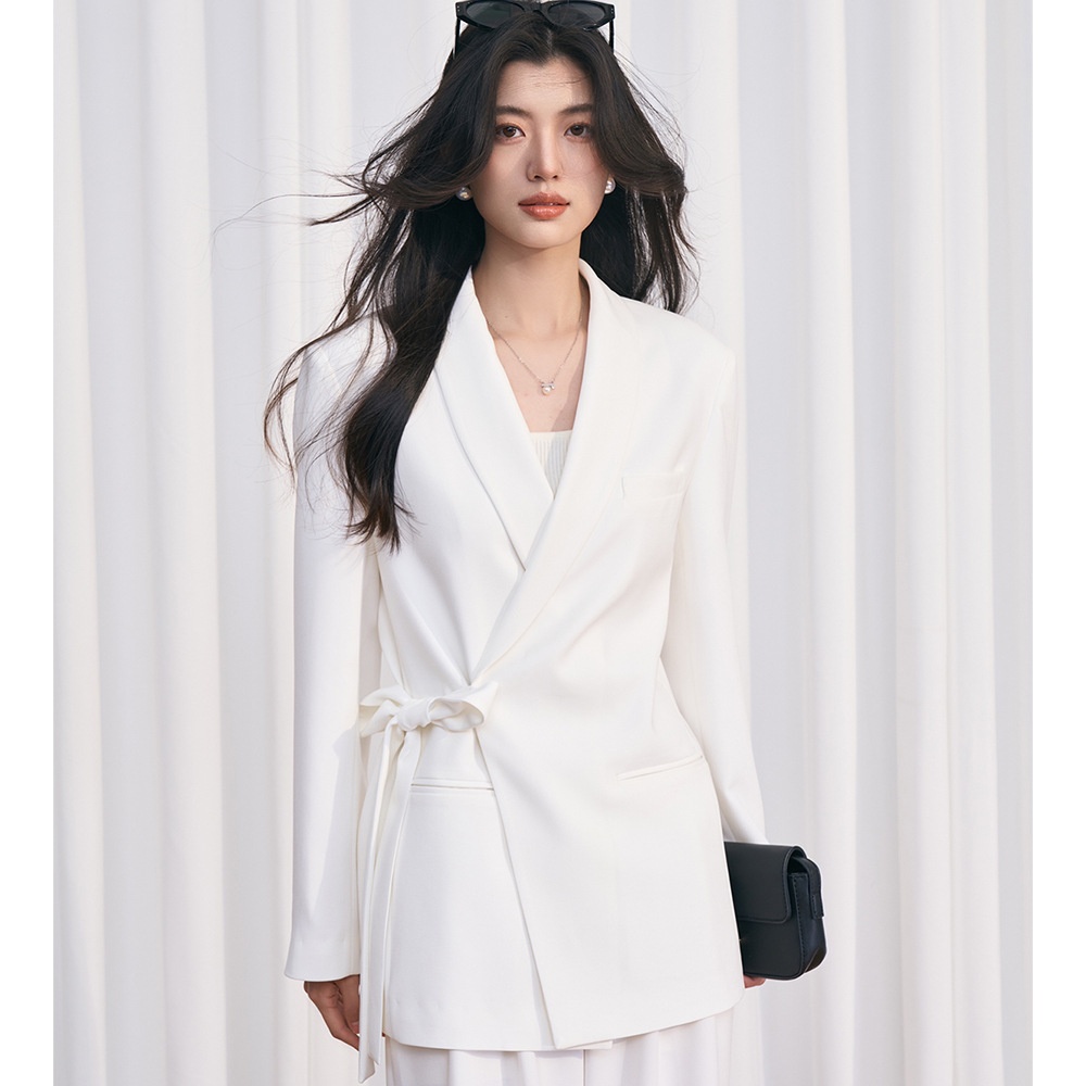 [Shengdu]24 Early Spring Korean Simple Old Money Style Royal Sister Lace-up Casual Suit Jacket Trousers Set