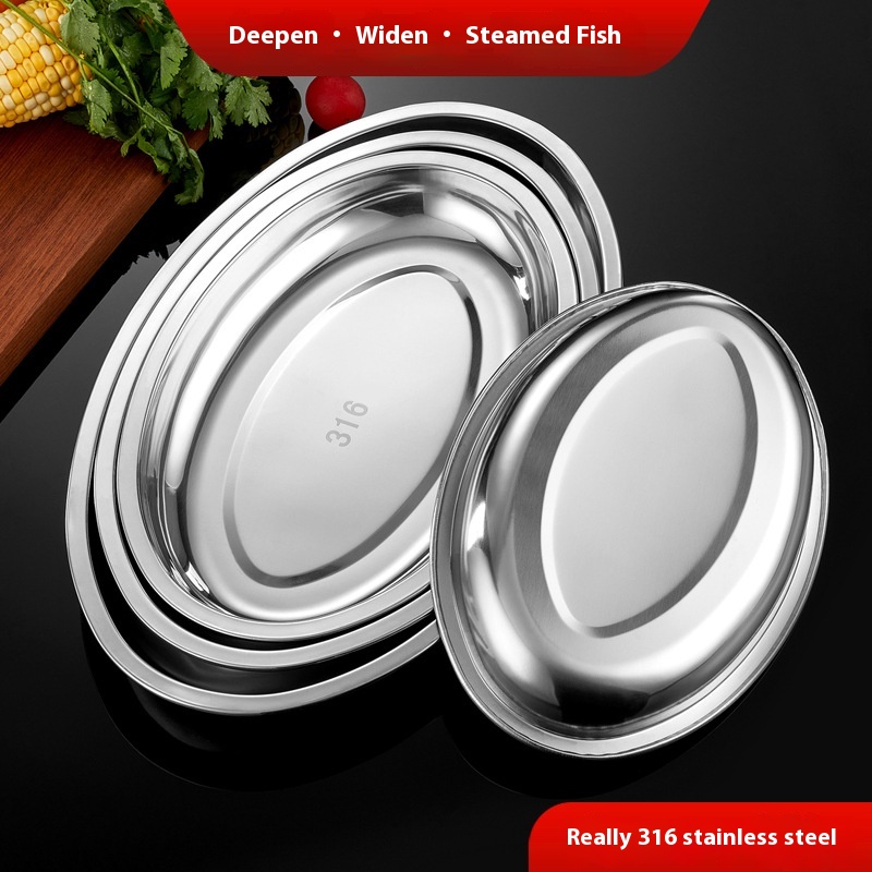 316 Stainless Steel Dinner Plate Oval Steamed Fish Plate Household Steamed Fish Special Plate Long Plate Zibo Barbecue Plate