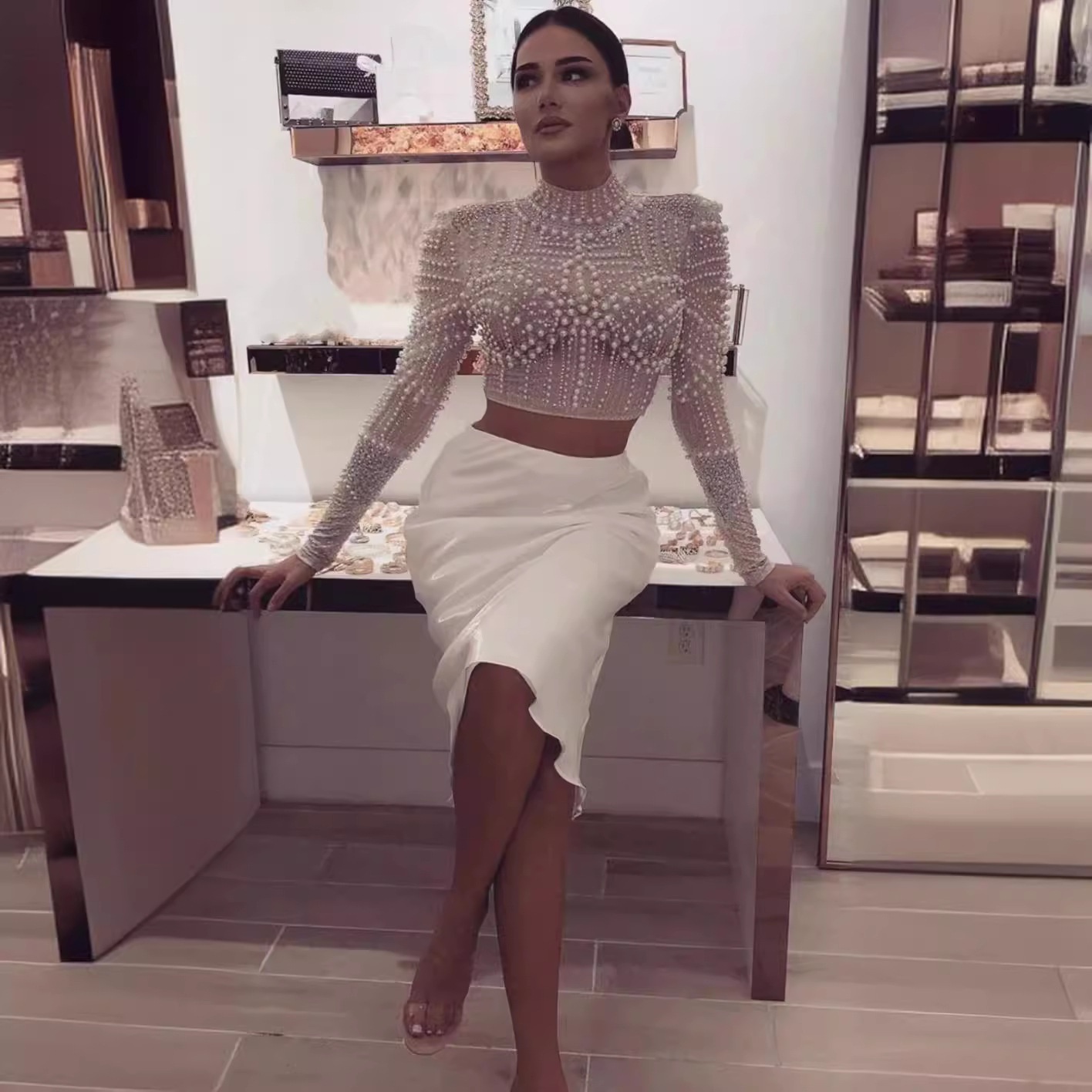 Beaded T-shirt European And American Fashion Half Turtleneck Long Sleeve Elastic Short Top High Street Party