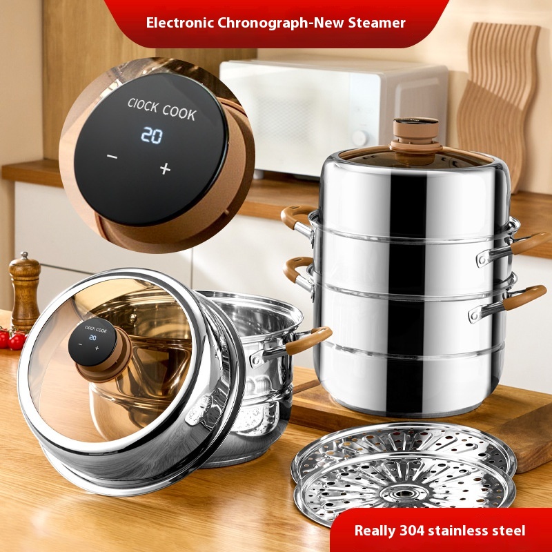 304 Steamer Household Timed Three-layer Stainless Steel Steaming Fish Steamed Buns Steamed Buns Induction Cooker Universal Soup Pot
