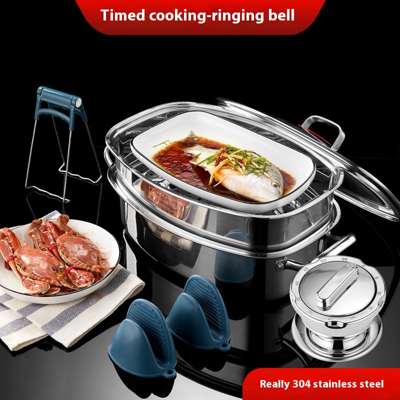 304 Stainless Steel Steamed Fish Pot Steamed Duck Pot Oval Steamed Chicken Steamed Fish Artifact Large Double Bottom Household Thick Steamer