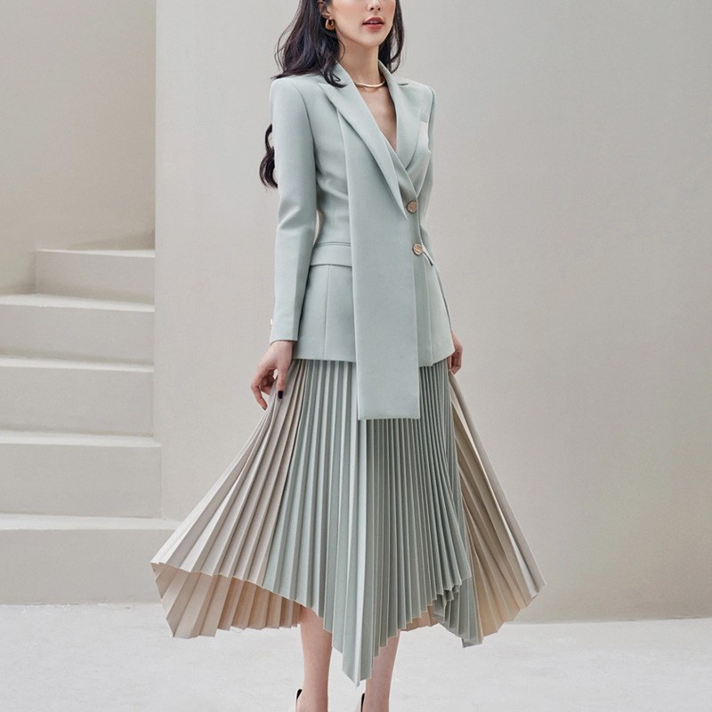 Early Autumn Gray Blue Double-Breasted Suit Jacket Irregular Pleated Skirt Fashion Suit Temperament Splicing Contrast Color Women