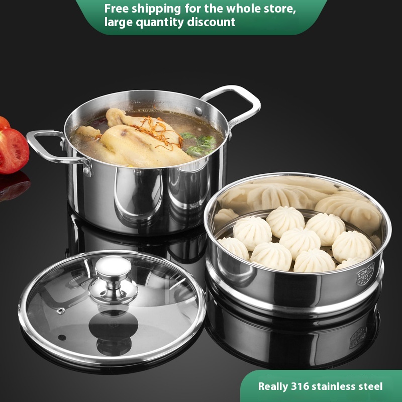 316 Stainless Steel Steamer Double Layer Soup Pot Household Thick Double Ears With Steaming Grid Induction Cooker Kitchen Pot