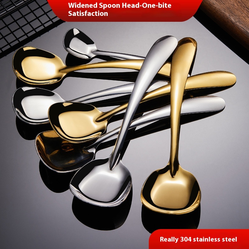 304 Stainless Steel Flat Bottom Spoon Creative Long Handle Square Head Spoon Thickened Spoon Korean Student Tableware Dessert Spoon