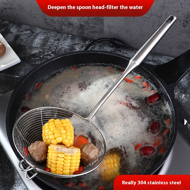 304 Stainless Steel Wire Drain With Hook Large Net Drain Hot Pot Colander Net Scoop Line Scoop Chicken Wings Dumplings Fried Spoon