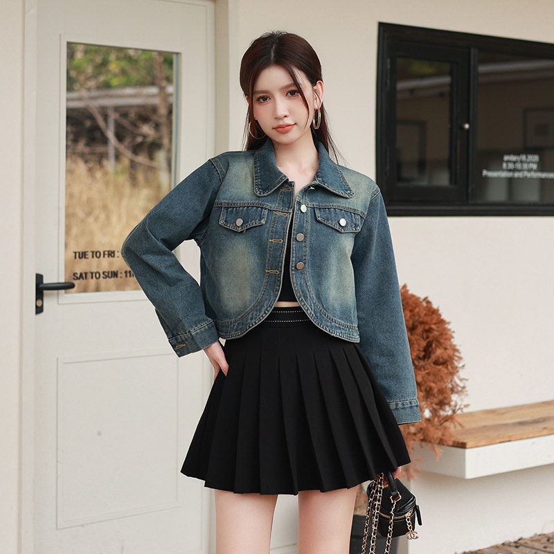 Korean Style Design Niche Long-sleeved Jacket Tops For Women Spring And Autumn Style Straight Shoulder Small Short Soft Denim Jacket