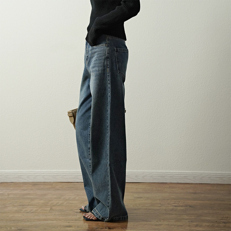 High Street Distressed Washed Texture Loose Straight Jeans Lazy Style Leg Lengthening High Waist Retro Distressed Denim