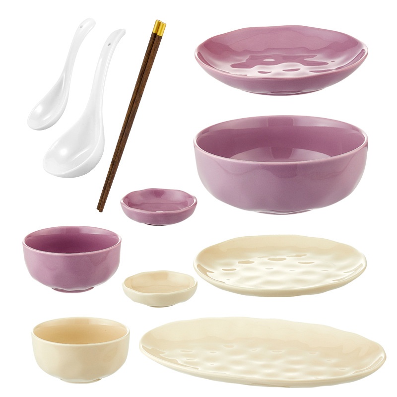 Ceramic Tableware Set Household Simple Plates,Bowls,Dishes,Enamel Underglaze Colored Bowls,Spoons,Cream Style Bowls And Plates Combination