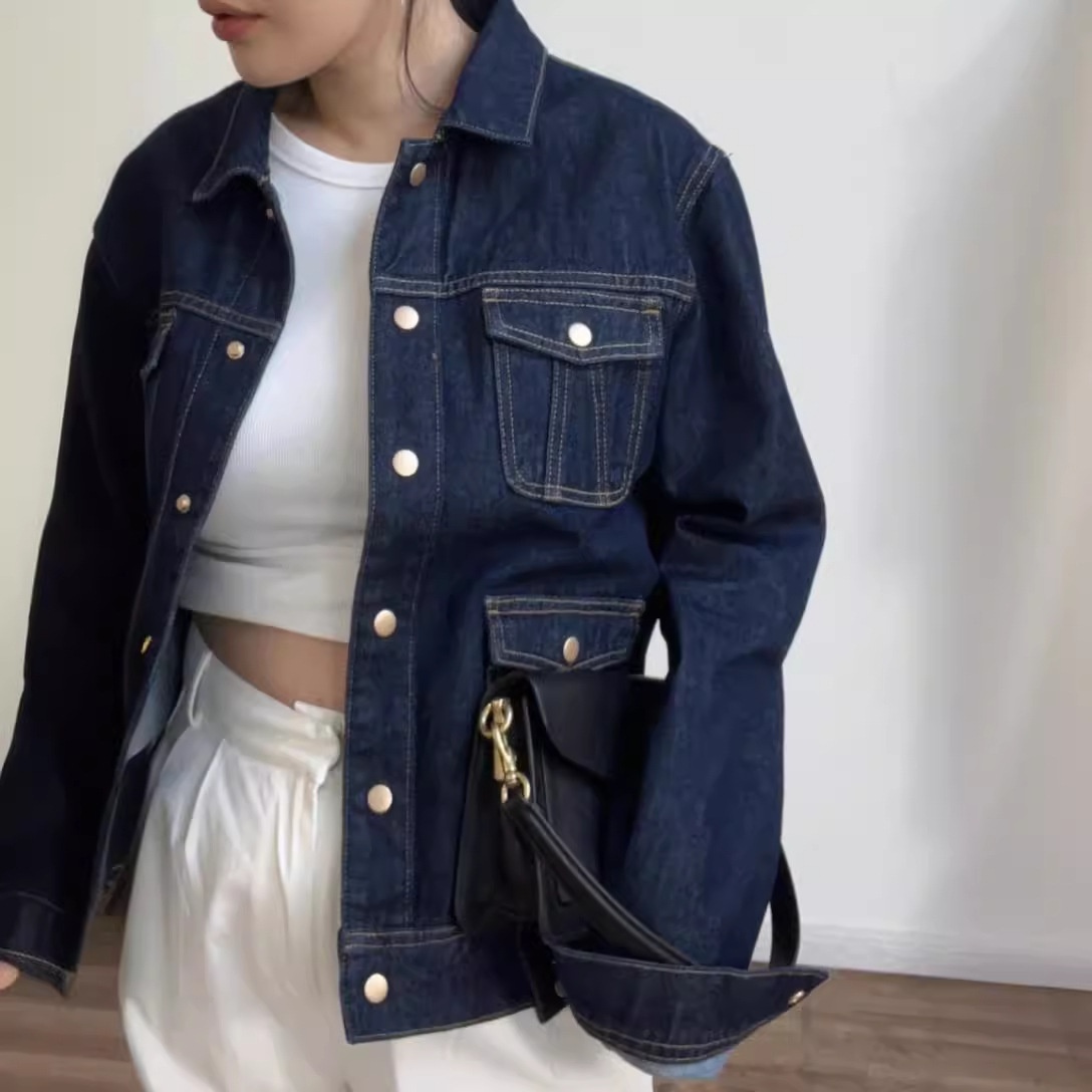 Spring Simple Workwear Style EPRetro Blue Washed Distressed Loose Short Jacket Denim Jacket