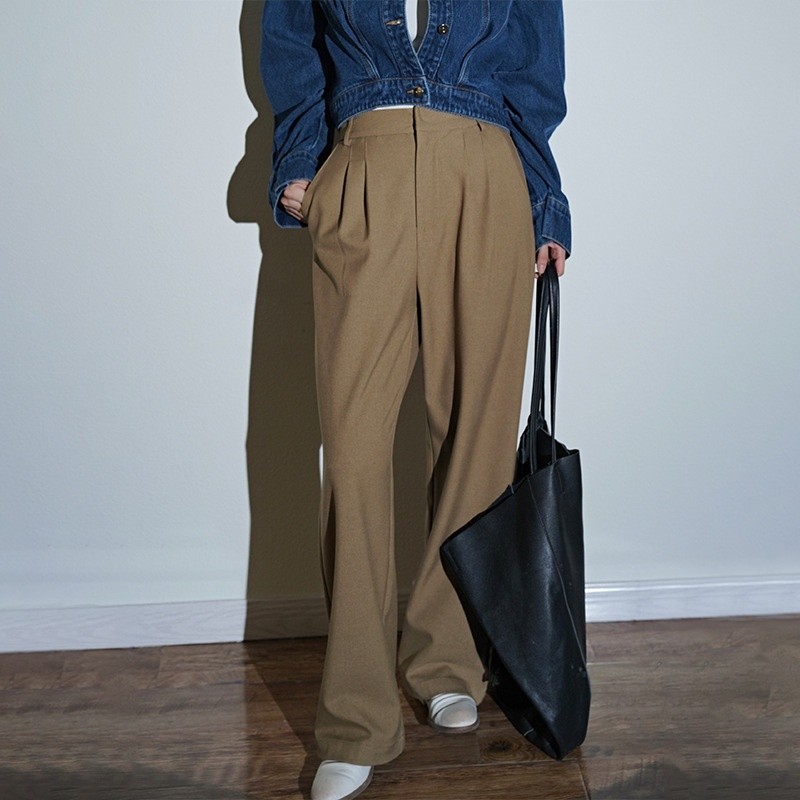 Retro Commuter Coffee-colored Textured Workwear Suit Pants High Waist Wool Blend Loose Trousers Autumn Versatile Suit Trousers