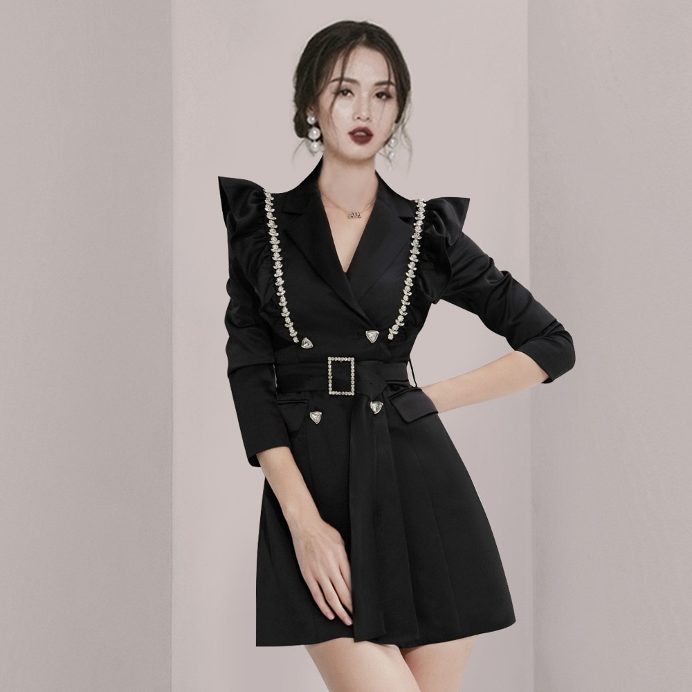 Black Ruffled Diamond Stripe Suit Jacket For Women Early Spring Temperament Goddess Style Professional Suit Skirt