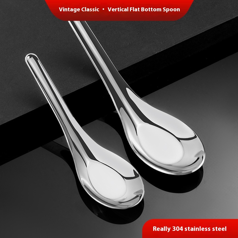 304 Stainless Steel Spoon Household Creative Flat Bottom Spoon Thickened Spoon Chinese Spoon Eating Soup Spoon