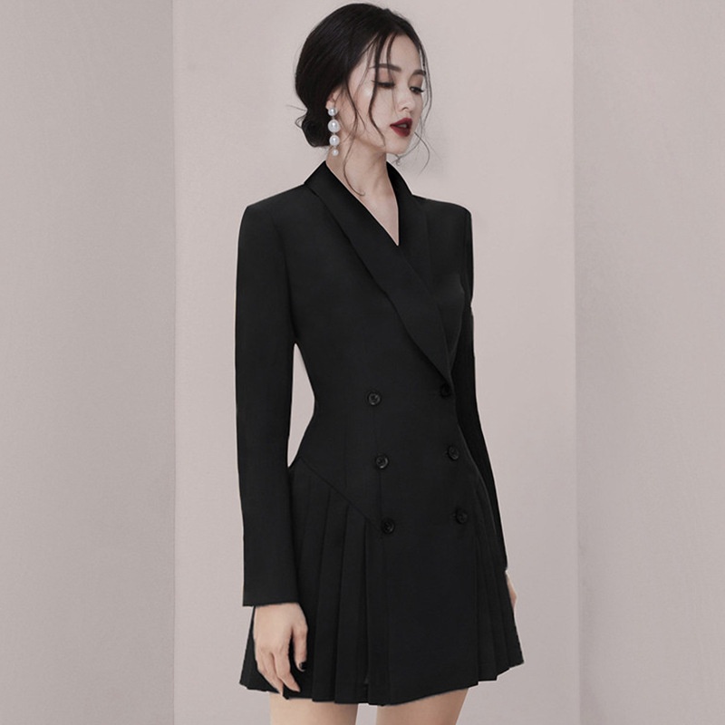 Suit Dress Women's Early Autumn Fashion Slim Waist Double-breasted Long-sleeved Pleated Small Suit Jacket