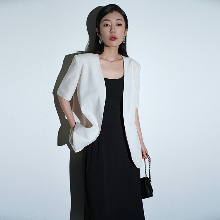 Original Design,Thin,Collarless,Niche,Short-sleeved Suit Jacket For Women,High-end Silhouette,Linen Casual Suit