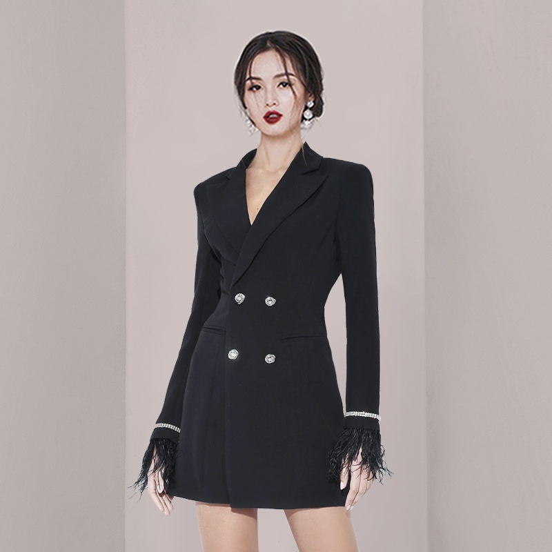 Autumn Niche Design Black Feather Double Row Crystal Sleeve Backless Suit Jacket Dress For Women