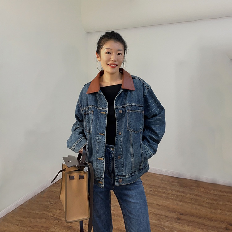 Top Quality!Retro PUCollar Stitching Washed Distressed Blue Loose Denim Jacket CE*Workwear Denim Jacket