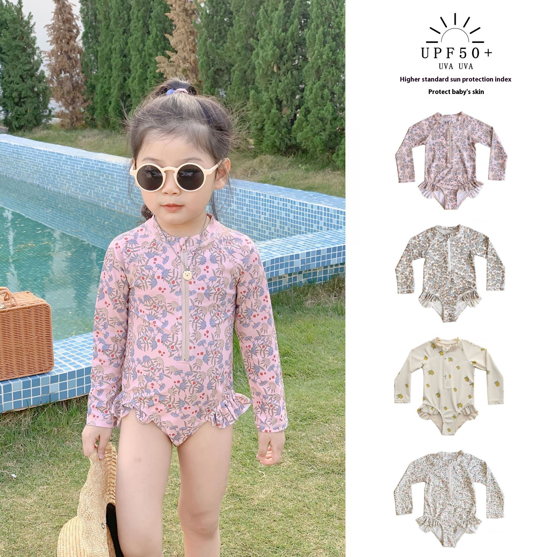 Girls Style Floral Long-sleeved One-piece Swimsuit Baby Sunscreen Quick-drying Swimsuit Children's Cute Hot Spring Swimsuit