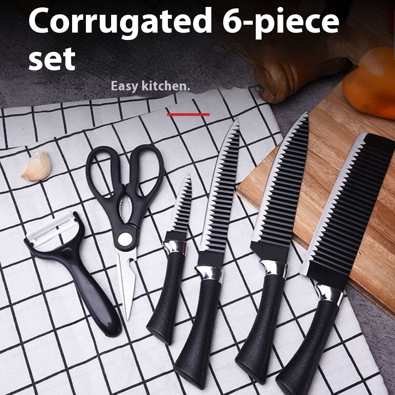 Wave Pattern Knife Six-piece Set Household Horseshoe Handle Stainless Steel Black Pattern Kitchen Knife Chef Knife Scissors Gift Set