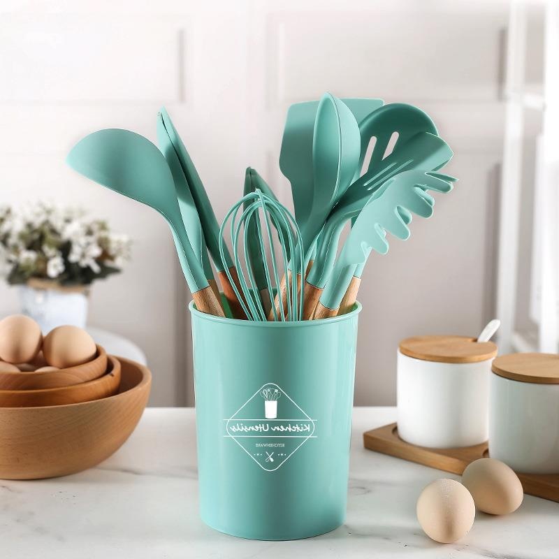 Creative12-piece Set Of Wooden Handle Silicone Kitchenware Functional Set Combination Non-stick Pan Kitchen Cooking Shovel Spoon