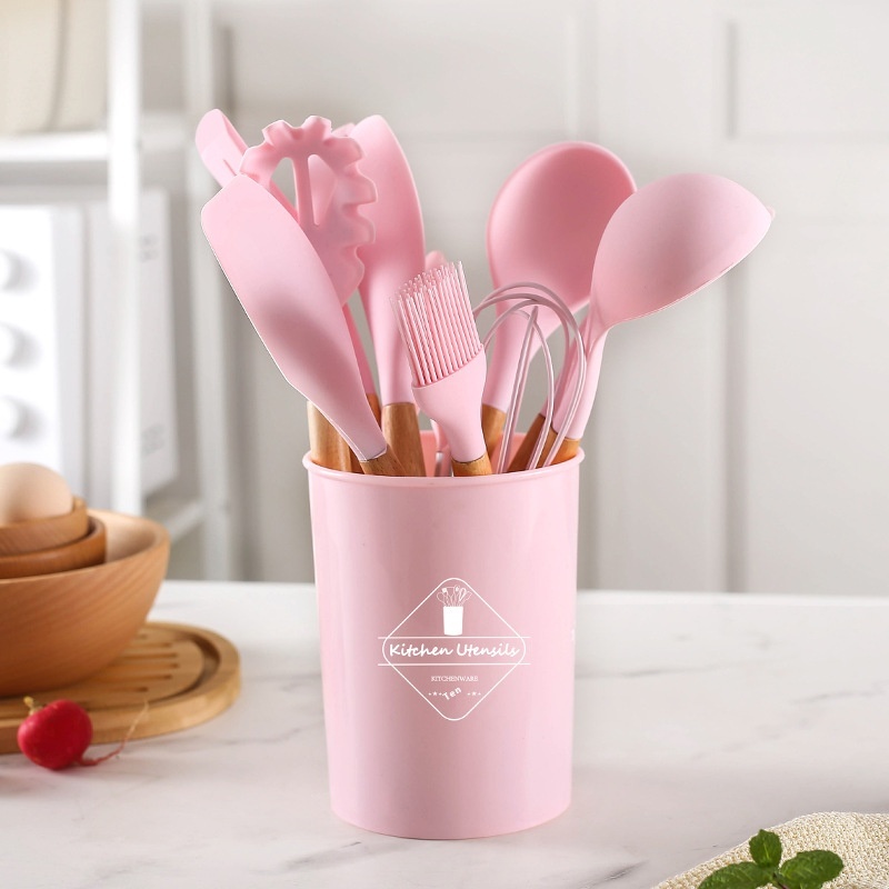 Wooden Handle Silicone Kitchenware12-piece Set With Storage Bucket Tableware Pink Set Non-stick Cooking Shovel Spoon Egg Beater