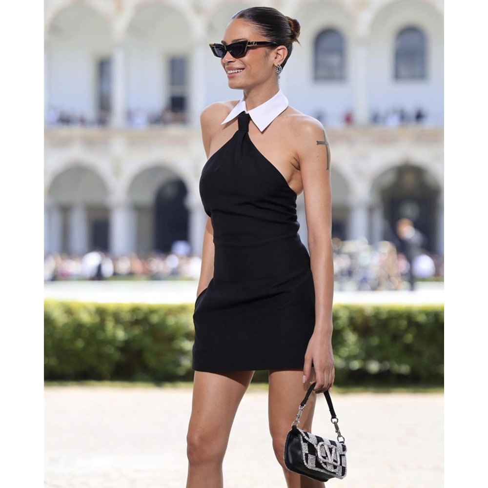 Bandage Dress European And American Sexy Shirt Collar Backless Little Black Dress High Street Party Dress