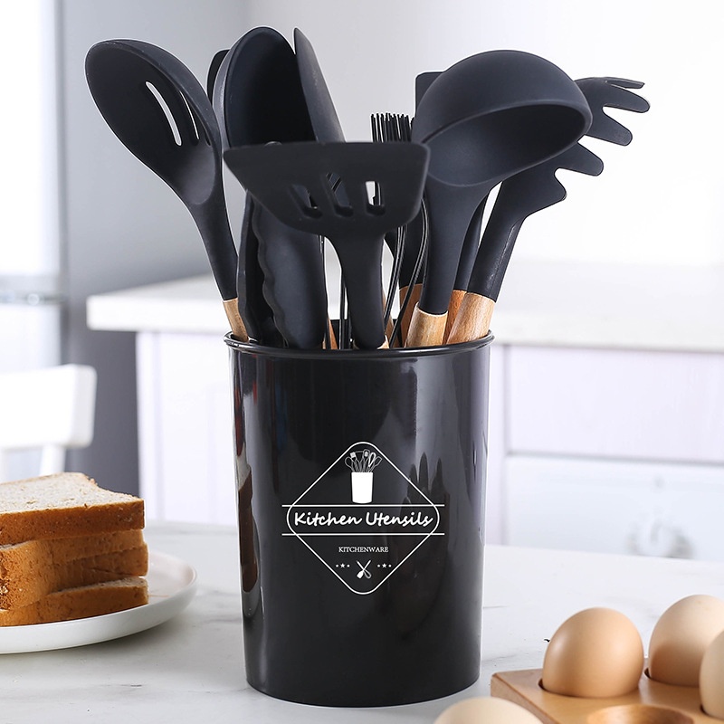 Wooden Handle Kitchenware12-piece Set FDASilicone Non-stick Cooking Spatula Spoon Baking Set With Storage Bucket