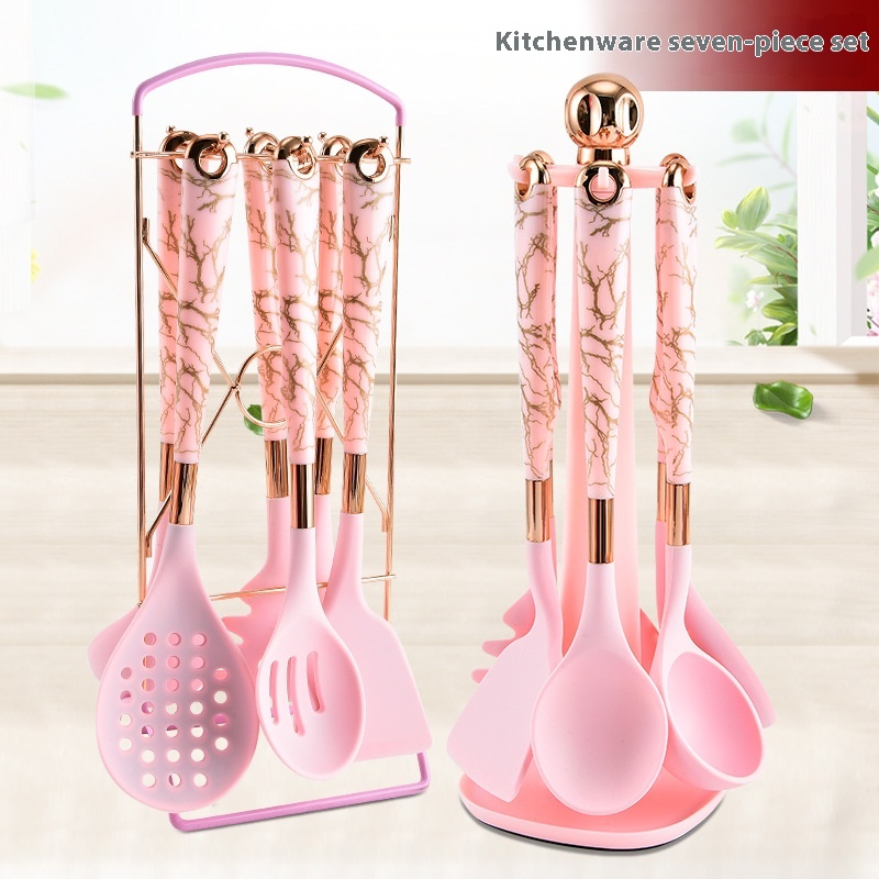 Silicone Kitchen Utensils Approved Handle7-piece Set Household Non-stick Pot Spatula Baby Food Supplement Shovel Spoon Kitchen Utensils With Storage Rack Set