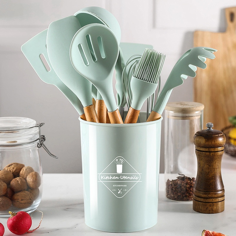 Wooden Handle Silicone Kitchenware12-piece Set Colorful Kitchen Non-stick Pan Can Be Used For High Temperature Cooking Shovel Spoon Kitchenware Set