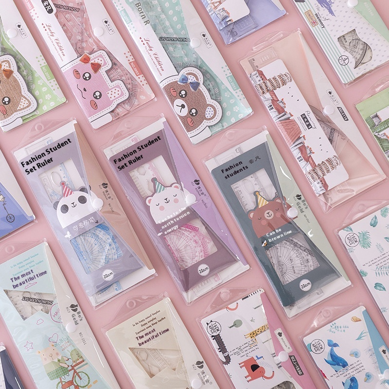 Ruler Set Elementary School Stationery Cute Ruler Set Boys And Girls Children's Learning Supplies Triangle Plate Four-piece Set T