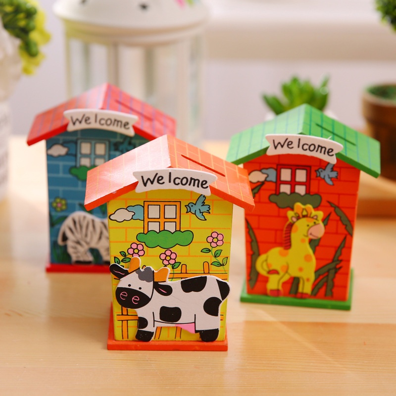 Green Grass Series Piggy Bank Wooden Cartoon Piggy Bank Children's Creative Small House Piggy Bank T