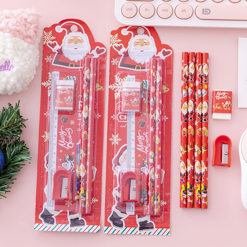 Christmas Stationery Set Five-piece Pencil Sharpener Eraser Kindergarten Prizes Primary School Student Prizes Stationery T