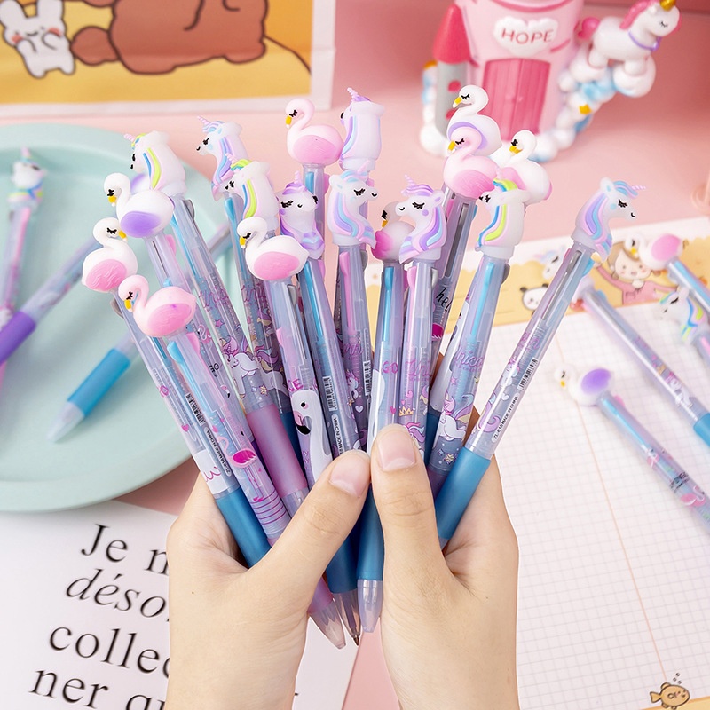 Cartoon Multi-color Ballpoint Pen Four-color Pen Push-type0.5m Ballpoint Pen Blue,Black And Red Three-color Pen For Students