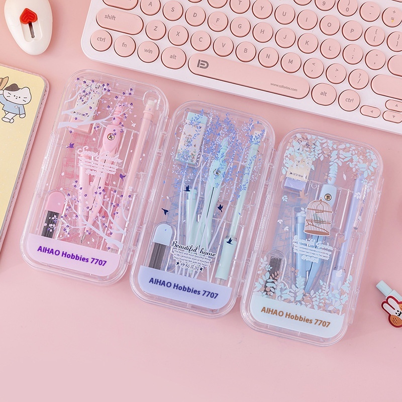 Hobby Compass Set Small Fresh Automatic Pencil Eraser Refill Student Drawing Ruler Protractor Stationery T