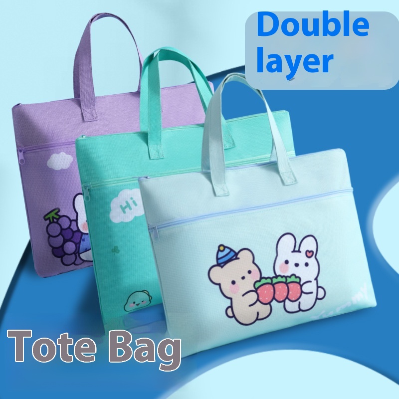 Cute Student Cartoon Hand-held Document Bag Oxford Cloth A4 Double-layer Document Bag Zipper Bag Information Bag Tutorial Bag
