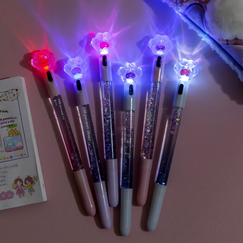 Girly Cat Claw Luminous Gel Pen Cute Creative Quicksand Light Pen Children Student Stationery Pen Water Pen