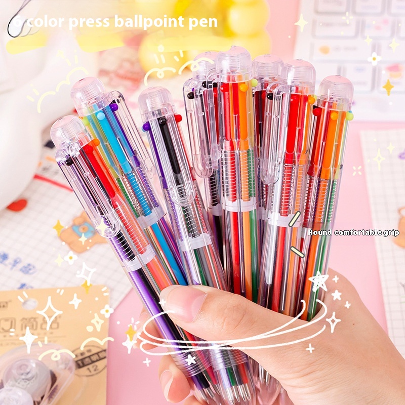 Creative Transparent6-color Ballpoint Pen Cute Student Stationery Multi-color Pen Medium Oil Pen Color Ballpoint Pen