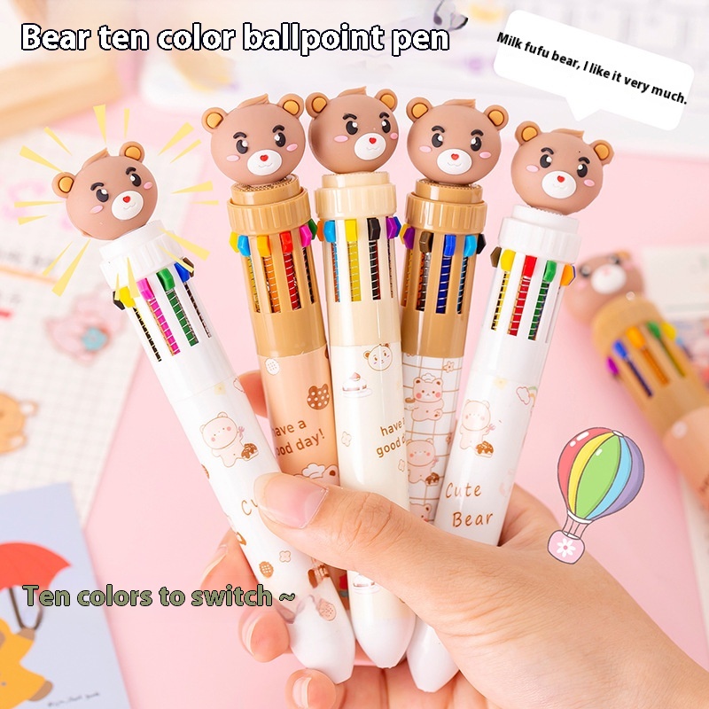 Ten-color Ballpoint Pen Cartoon Chubby Cute Bear Creative Multi-color Handbook Pen Press-type Color Pen Multi-color Pen