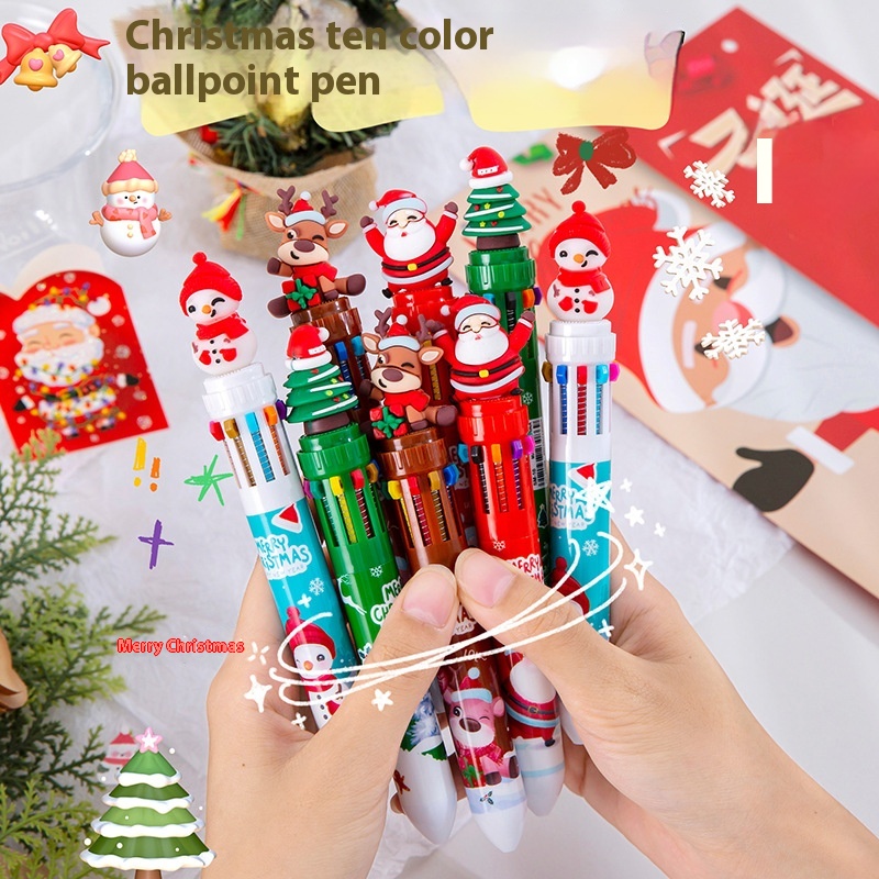 Multicolor Ballpoint Pen Christmas Cute Creative Ten-color Pen Ballpoint Pen Push-type Student Gift Color Pen Multicolor Pen