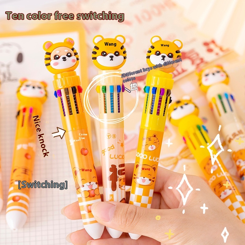 Cute Little Tiger Ten-color Ballpoint Pen Handbook Marker Pen10-color Cartoon Head Push Ballpoint Pen Student Graffiti Pen