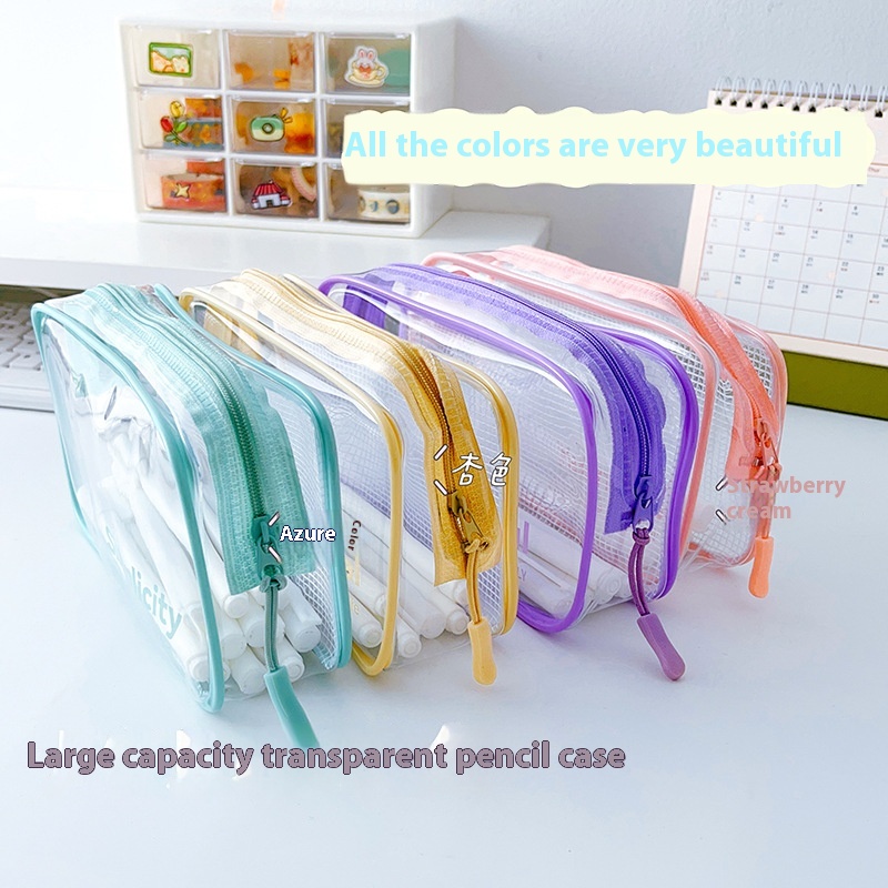 Simple Pencil Bag Grid Korean Transparent Large Capacity Men And Women Small Fresh Stationery Pencil Case Storage Bag