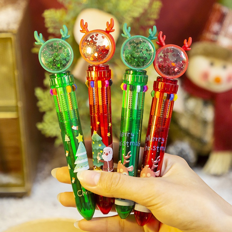 Christmas Decoration Creative Cartoon Christmas Ballpoint Pen Color Push Ten Color Pen Student Stationery Small Gifts