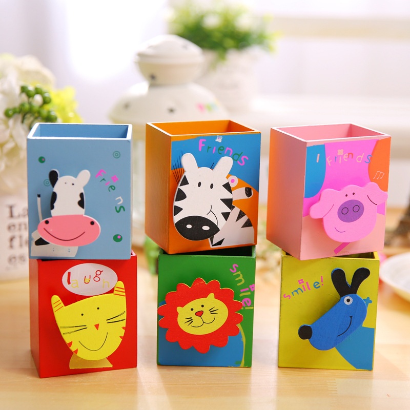 BT005 With Note Clip Korean Creative Stationery Wooden Cute Painted Animal Pen Holder T