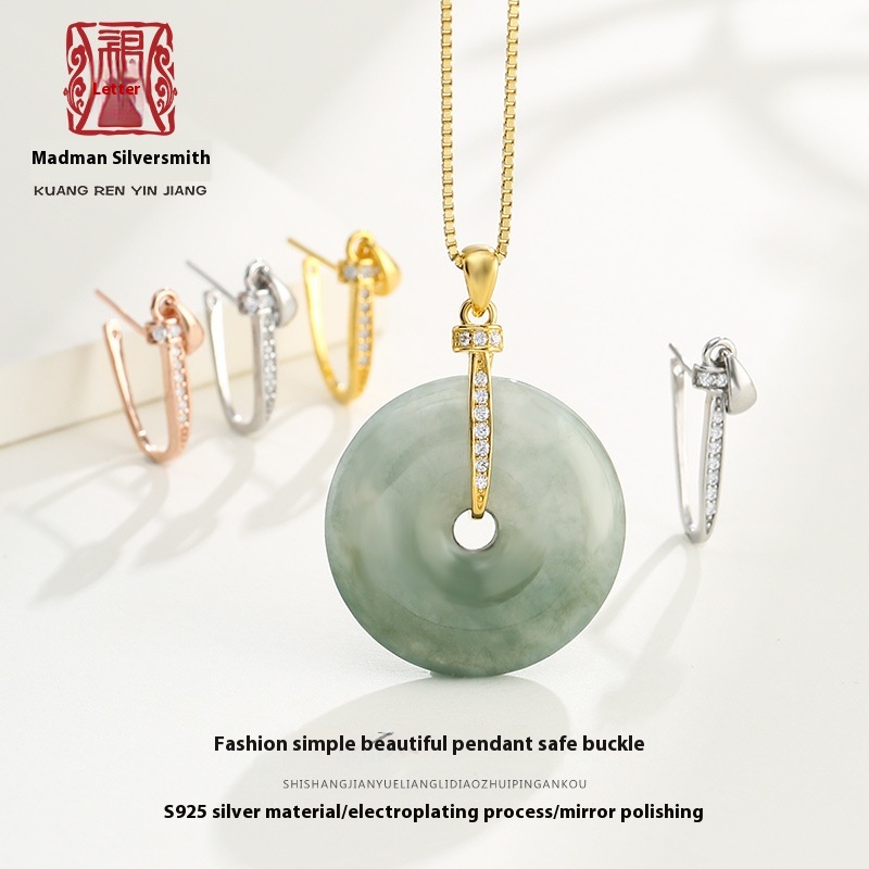 S925 Sterling Silver Plated White Gold Jade Peace Buckle Head Jade Pendant Buckle Crystal Agate Pendant Buckle Sterling Silver Clip Accessories