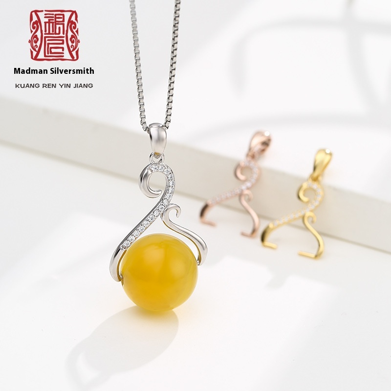 S925 Silver Plated Gold Pendant Empty Tray Inlaid With Beeswax Amber Blue Amber Round Beads Pendant Buckle Silver Buckle Female Diy Tray